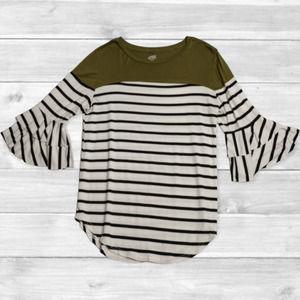 TICKLED TEAL Women's Olive, Black & White Stripe Double Ruffle Tunic - Size‎ S
